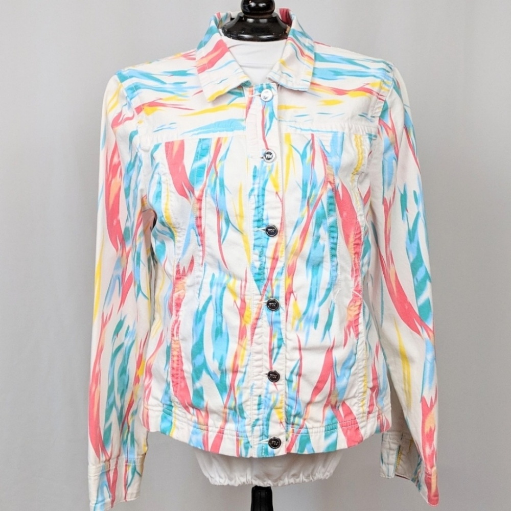 FDJ Jacket White Denim Southwestern Print Button Front Multicolor Jean Jacket M